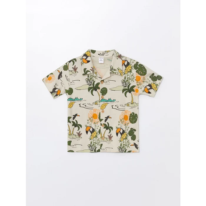 LCW Kids Bej Resort Yaka Kısa Kollu Baskılı Erkek Bebek Gömlek ve Şort 2li Takım