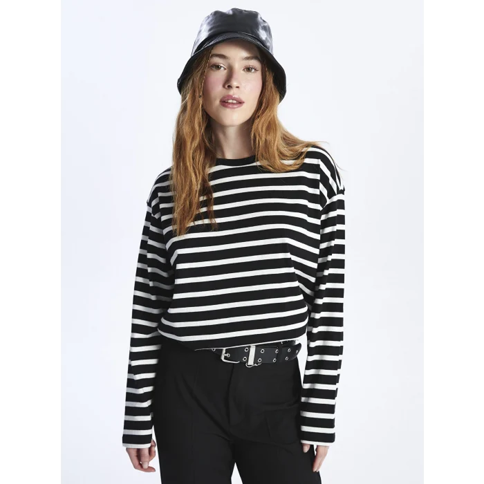 XSIDE Siyah Bisiklet Yaka Çizgili Uzun Kollu Kadın Tişört