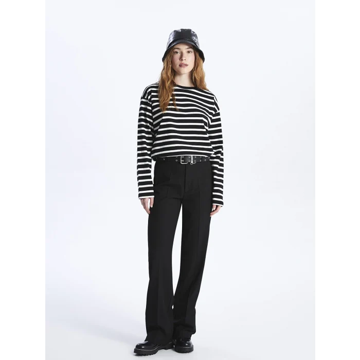XSIDE Siyah Bisiklet Yaka Çizgili Uzun Kollu Kadın Tişört