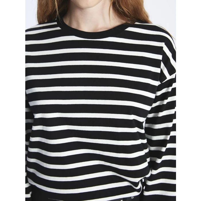 XSIDE Siyah Bisiklet Yaka Çizgili Uzun Kollu Kadın Tişört