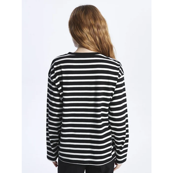 XSIDE Siyah Bisiklet Yaka Çizgili Uzun Kollu Kadın Tişört