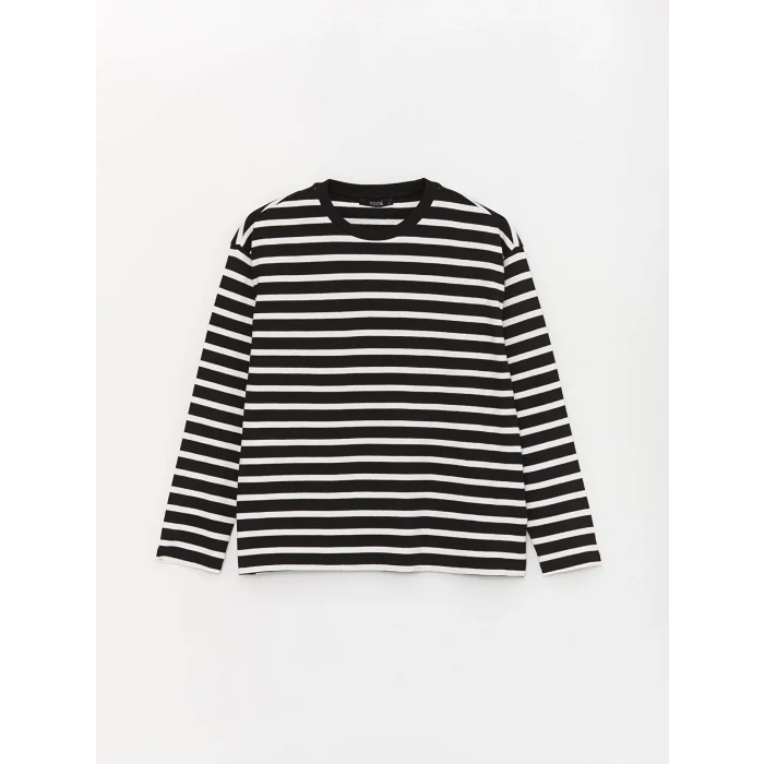 XSIDE Siyah Bisiklet Yaka Çizgili Uzun Kollu Kadın Tişört