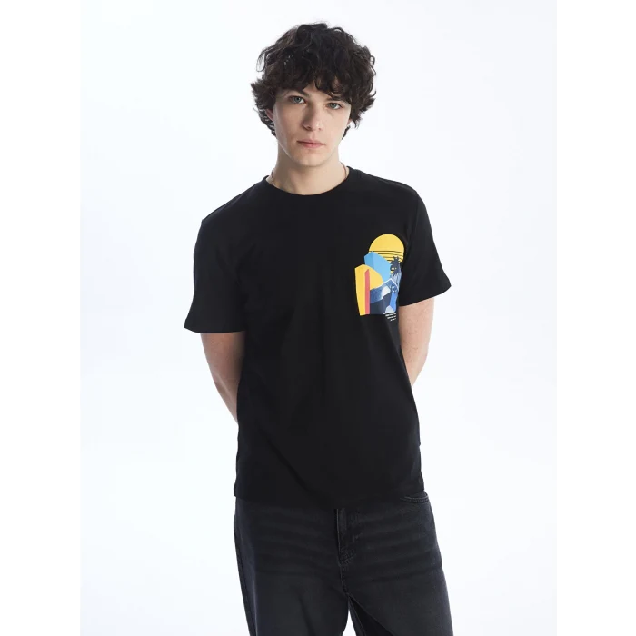 XSIDE Siyah Bisiklet Yaka Kısa Kollu Baskılı Penye Erkek Tişört