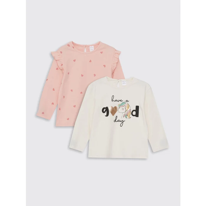 LCW Kids Ekru Bisiklet Yaka Uzun Kollu Kız Bebek Tişört 2li