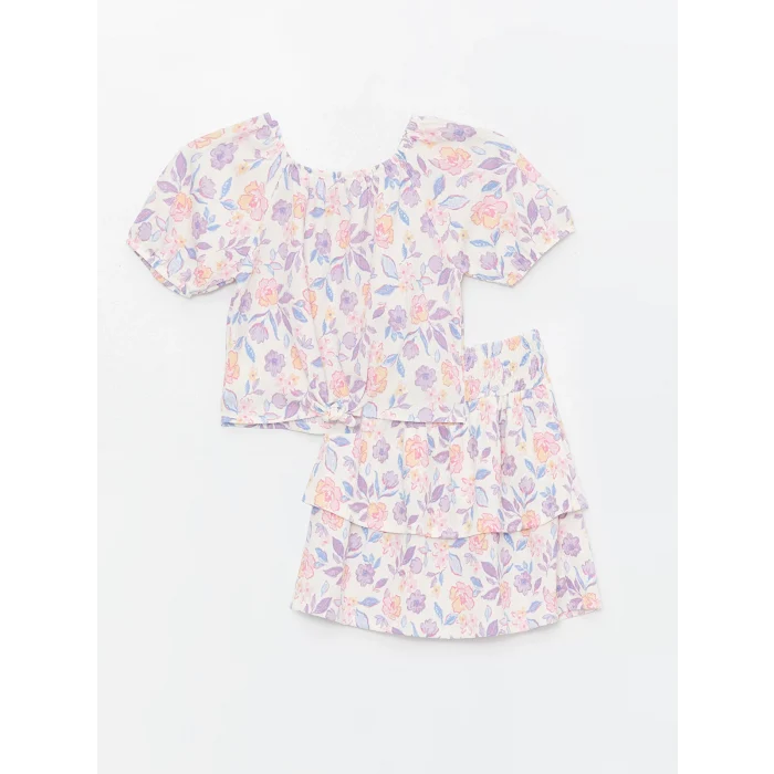 LCW Kids Ekru Kayık Yaka Çiçekli Kısa Kollu Kız Çocuk Bluz ve Etek