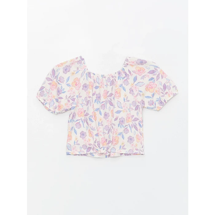 LCW Kids Ekru Kayık Yaka Çiçekli Kısa Kollu Kız Çocuk Bluz ve Etek