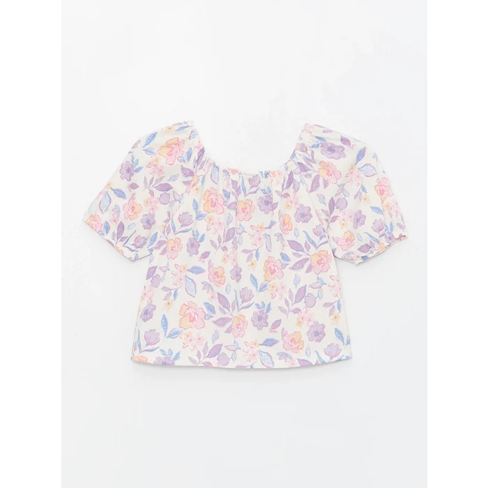 LCW Kids Ekru Kayık Yaka Çiçekli Kısa Kollu Kız Çocuk Bluz ve Etek