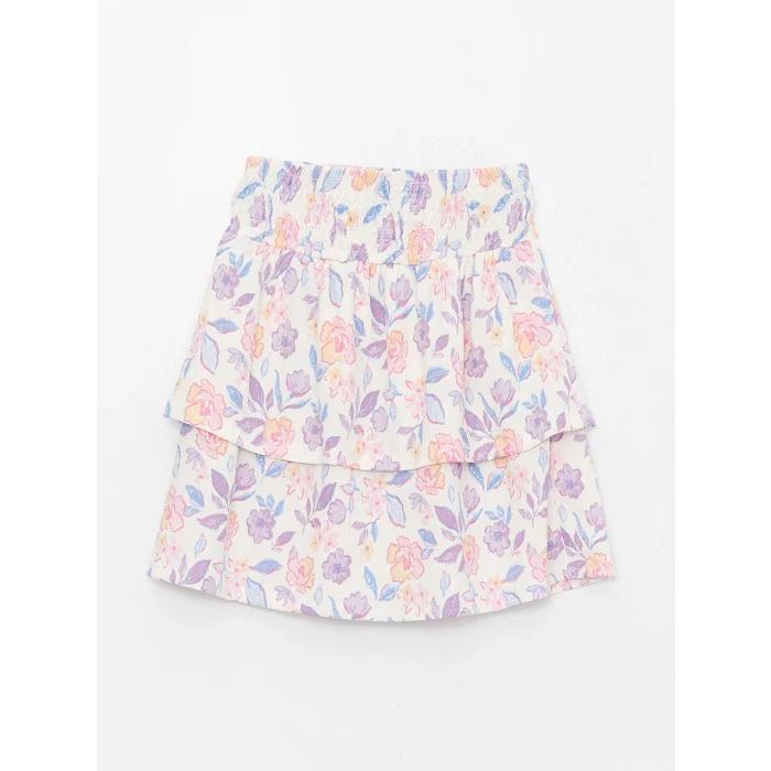 LCW Kids Ekru Kayık Yaka Çiçekli Kısa Kollu Kız Çocuk Bluz ve Etek