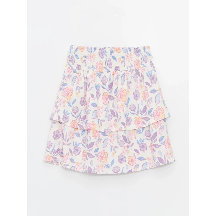 LCW Kids Ekru Kayık Yaka Çiçekli Kısa Kollu Kız Çocuk Bluz ve Etek