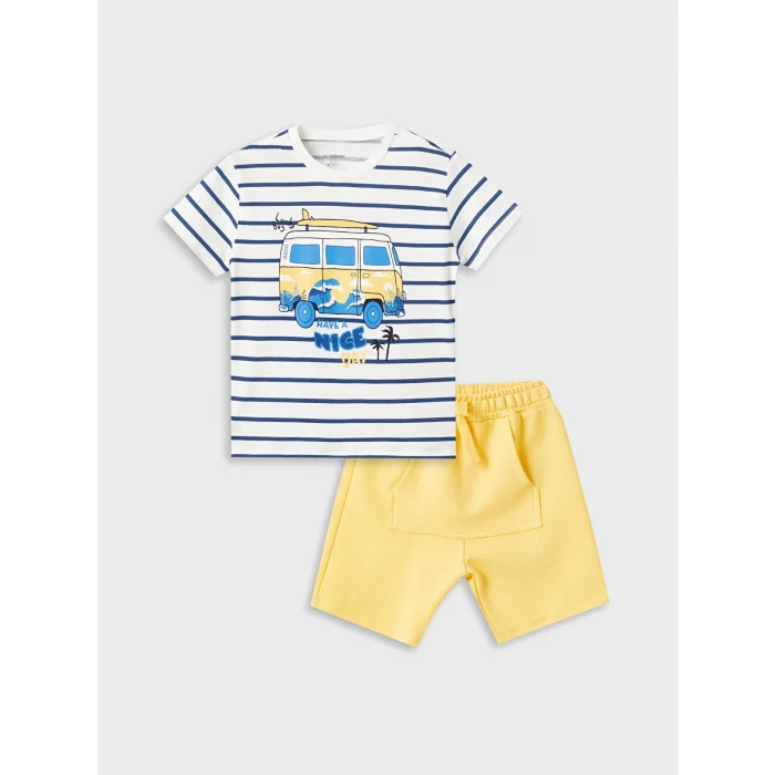 LCW Kids Ekru Bisiklet Yaka Kısa Kollu Baskılı Erkek Bebek Tişört ve Şort 2li Takım