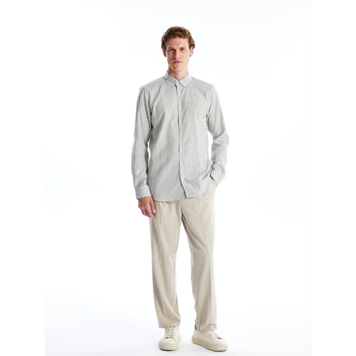 SOUTHBLUE Haki Slim Fit Uzun Kollu Çizgili Poplin Erkek Gömlek