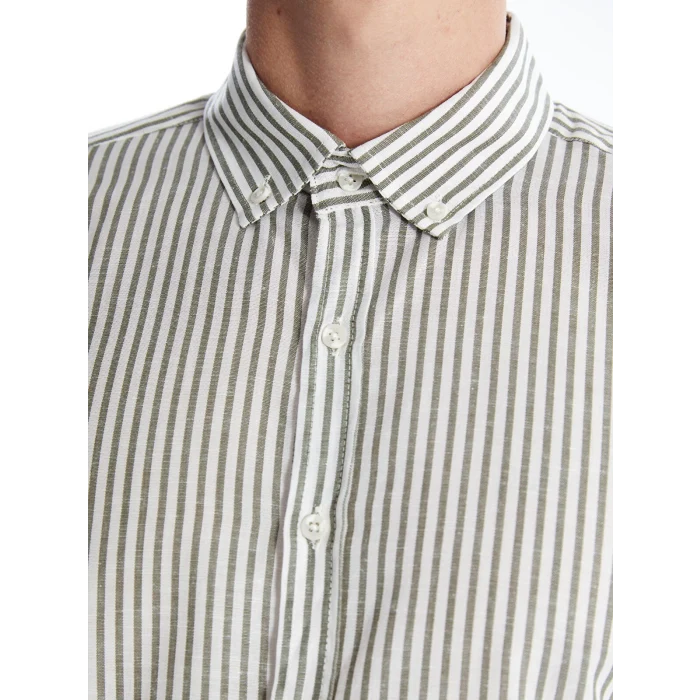 SOUTHBLUE Haki Slim Fit Uzun Kollu Çizgili Poplin Erkek Gömlek