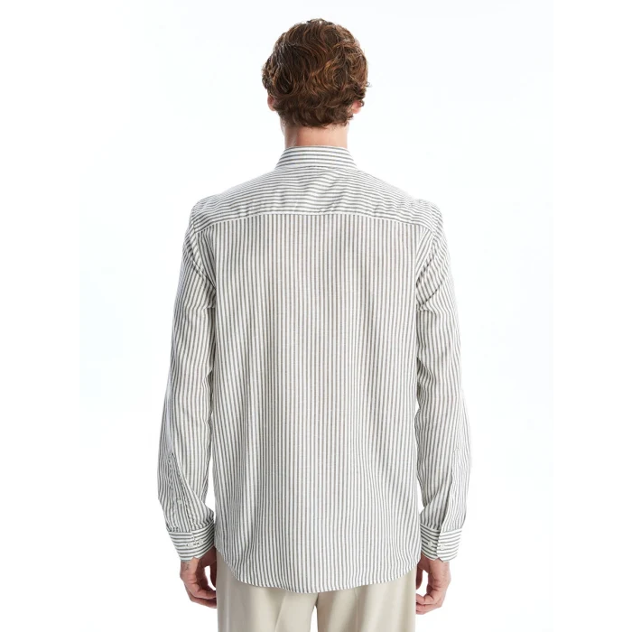 SOUTHBLUE Haki Slim Fit Uzun Kollu Çizgili Poplin Erkek Gömlek