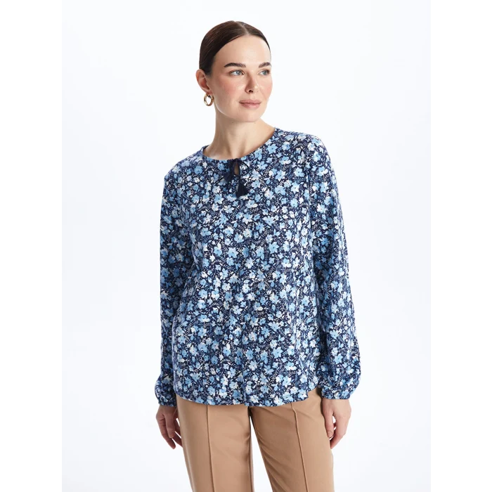 LCW Grace Mavi Bağlamalı Yaka Desenli Uzun Kollu Kadın Bluz