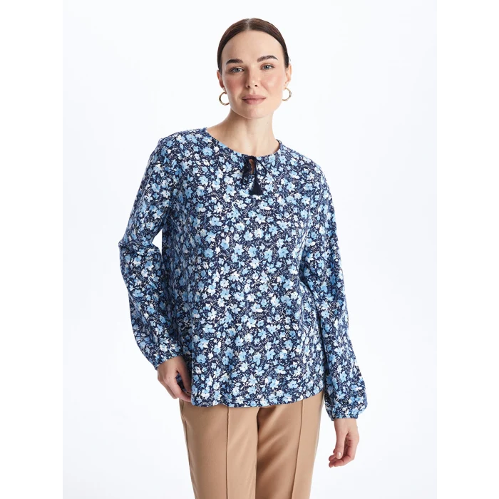 LCW Grace Mavi Bağlamalı Yaka Desenli Uzun Kollu Kadın Bluz