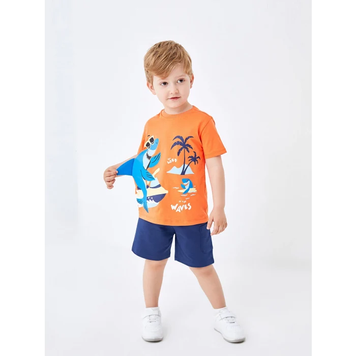 LCW Kids Turuncu Bisiklet Yaka Baskılı Erkek Bebek Tişört ve Şort 2li Takım