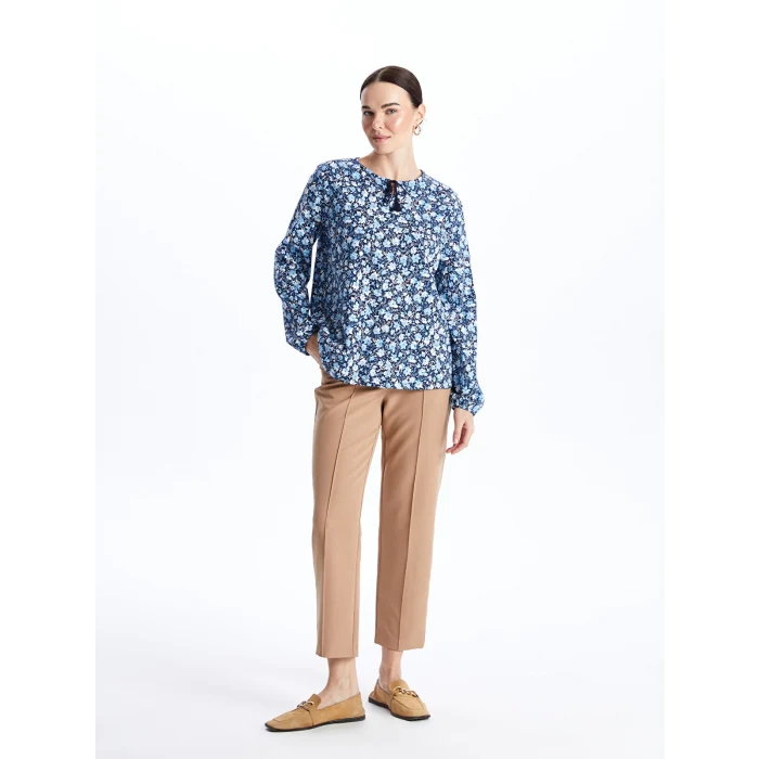 LCW Grace Mavi Bağlamalı Yaka Desenli Uzun Kollu Kadın Bluz