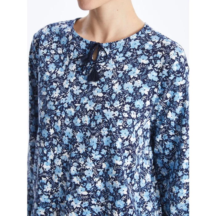 LCW Grace Mavi Bağlamalı Yaka Desenli Uzun Kollu Kadın Bluz