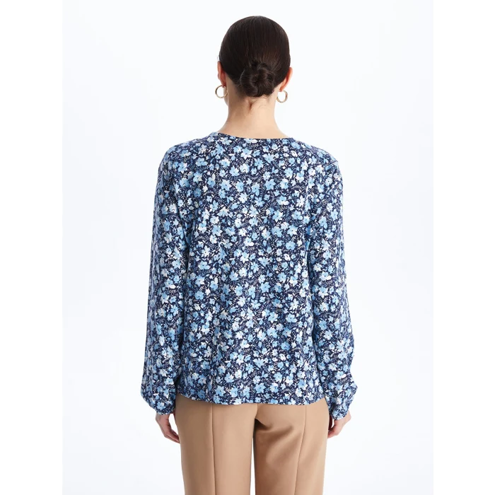 LCW Grace Mavi Bağlamalı Yaka Desenli Uzun Kollu Kadın Bluz