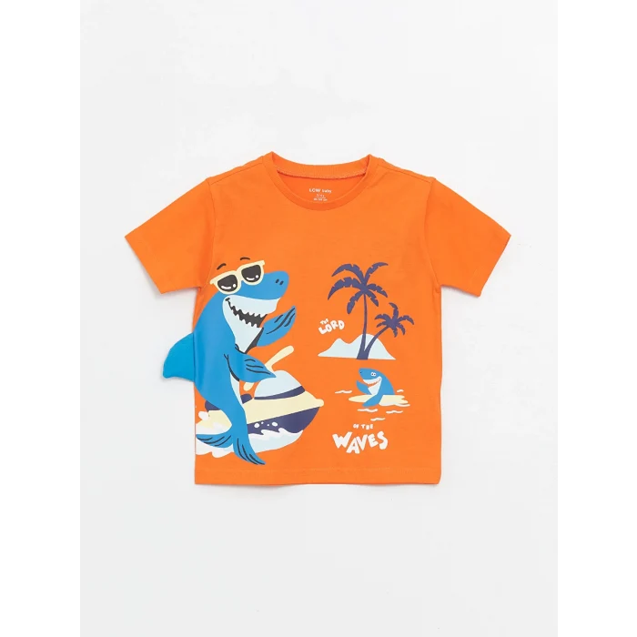 LCW Kids Turuncu Bisiklet Yaka Baskılı Erkek Bebek Tişört ve Şort 2li Takım