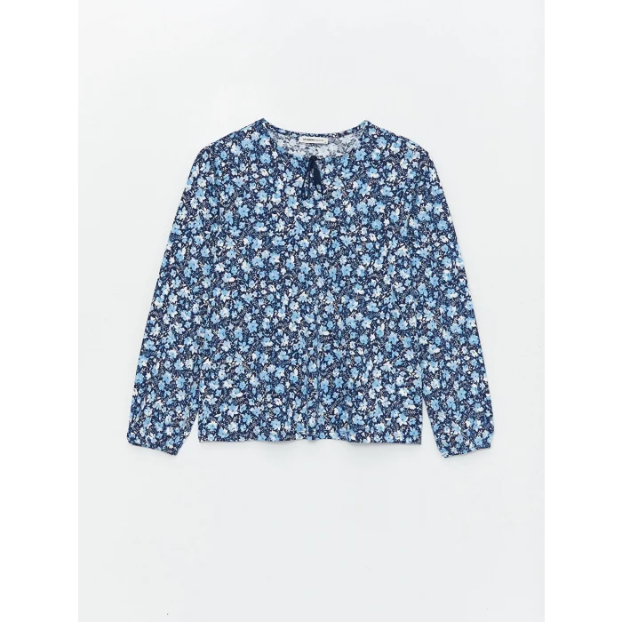 LCW Grace Mavi Bağlamalı Yaka Desenli Uzun Kollu Kadın Bluz