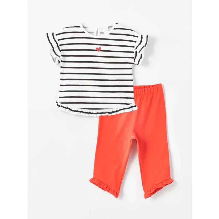 LCW Kids Ekru Bisiklet Yaka Kısa Kollu Çizgili Kız Bebek Bluz ve Tayt 2li Takım