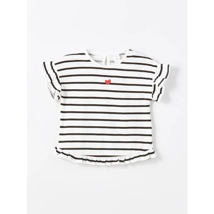 LCW Kids Ekru Bisiklet Yaka Kısa Kollu Çizgili Kız Bebek Bluz ve Tayt 2li Takım