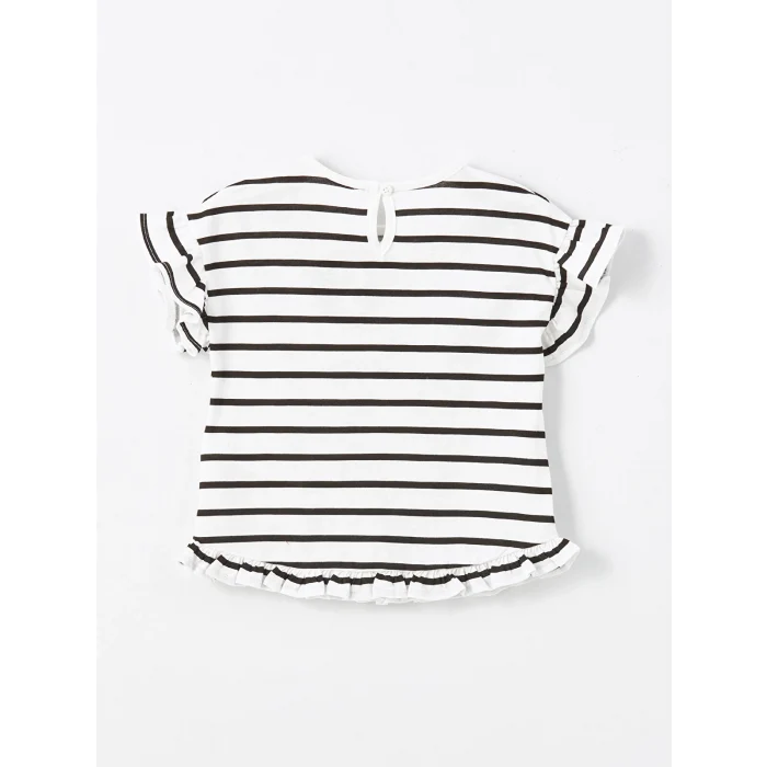 LCW Kids Ekru Bisiklet Yaka Kısa Kollu Çizgili Kız Bebek Bluz ve Tayt 2li Takım