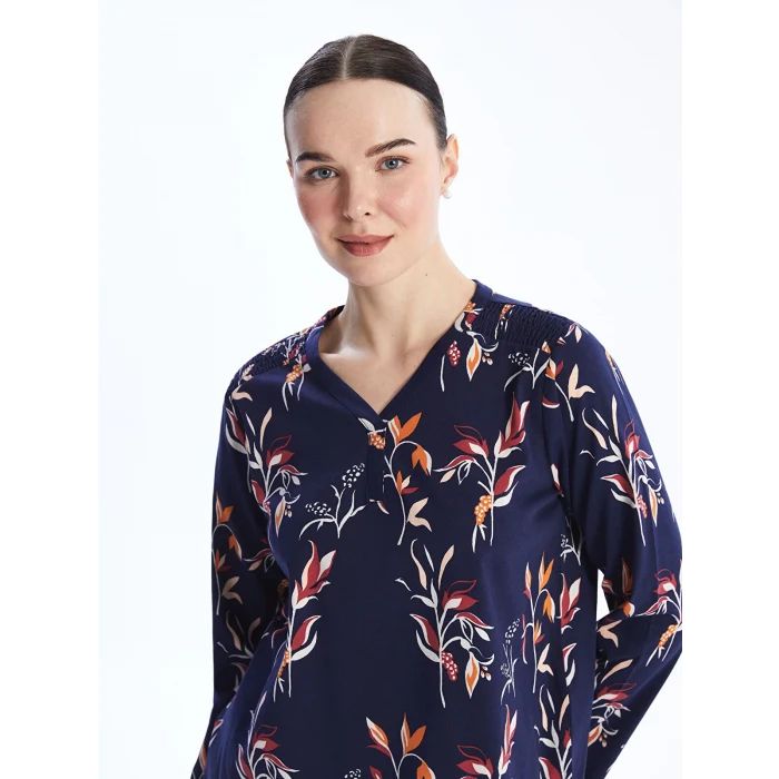 LCW Grace Lacivert V Yaka Desenli Uzun Kollu Kadın Bluz