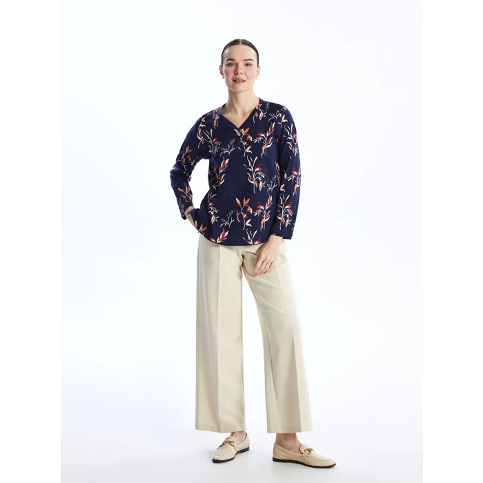 LCW Grace Lacivert V Yaka Desenli Uzun Kollu Kadın Bluz