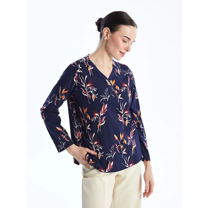 LCW Grace Lacivert V Yaka Desenli Uzun Kollu Kadın Bluz