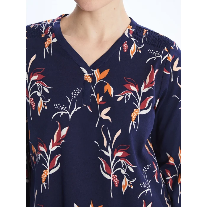 LCW Grace Lacivert V Yaka Desenli Uzun Kollu Kadın Bluz
