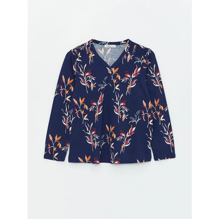 LCW Grace Lacivert V Yaka Desenli Uzun Kollu Kadın Bluz