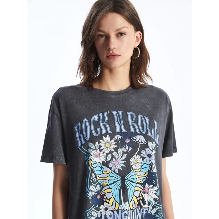 XSIDE Antrasit Bisiklet Yaka Baskılı Kısa Kollu Kadın Tişört