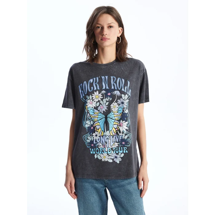 XSIDE Antrasit Bisiklet Yaka Baskılı Kısa Kollu Kadın Tişört