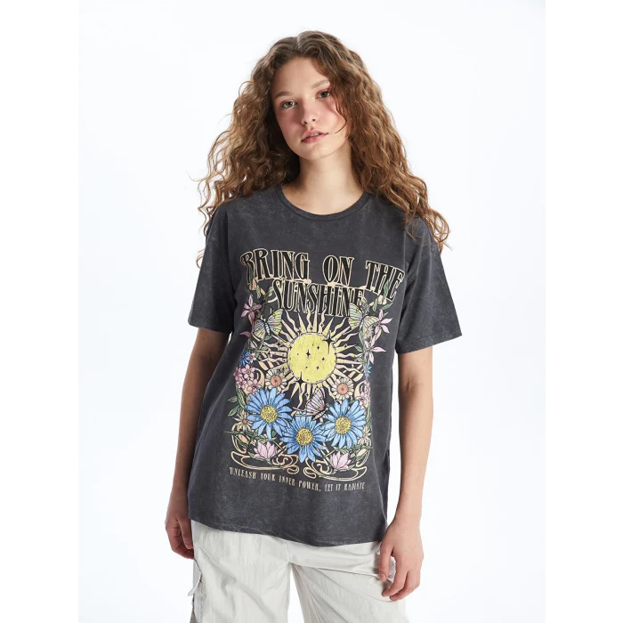 XSIDE Antrasit Bisiklet Yaka Baskılı Kısa Kollu Kadın Tişört