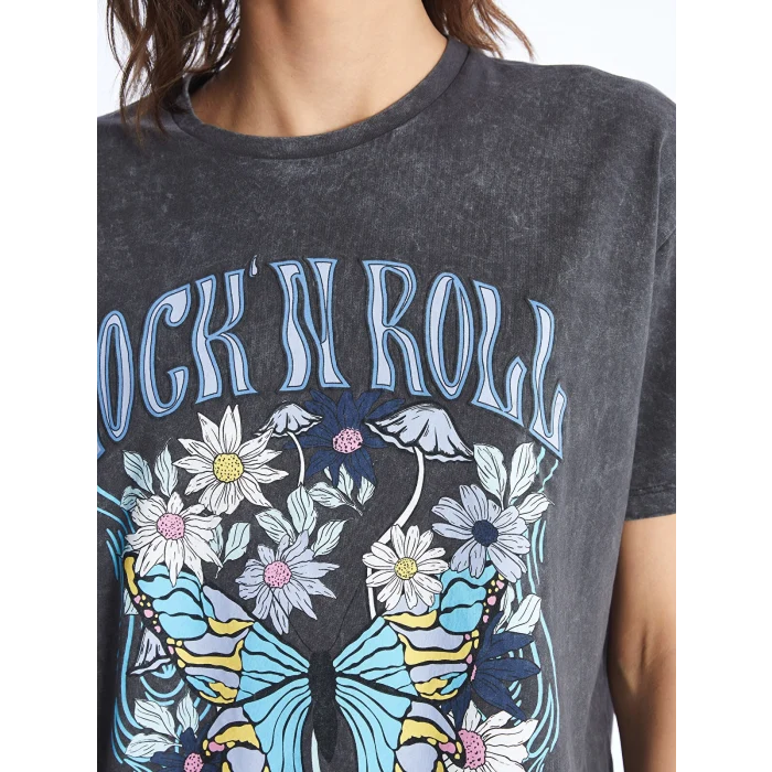 XSIDE Antrasit Bisiklet Yaka Baskılı Kısa Kollu Kadın Tişört