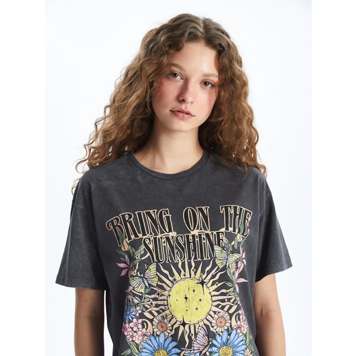 XSIDE Antrasit Bisiklet Yaka Baskılı Kısa Kollu Kadın Tişört