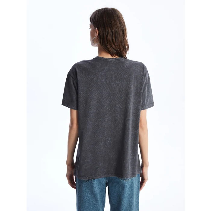 XSIDE Antrasit Bisiklet Yaka Baskılı Kısa Kollu Kadın Tişört