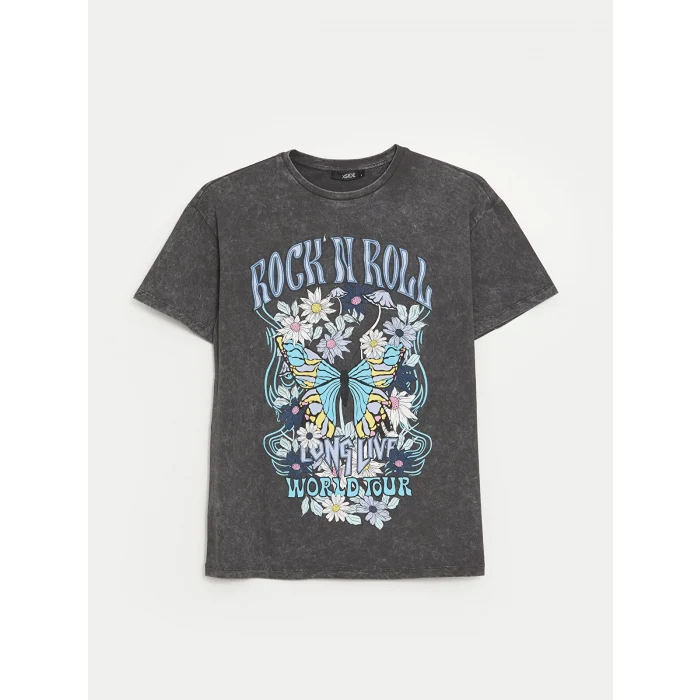 XSIDE Antrasit Bisiklet Yaka Baskılı Kısa Kollu Kadın Tişört