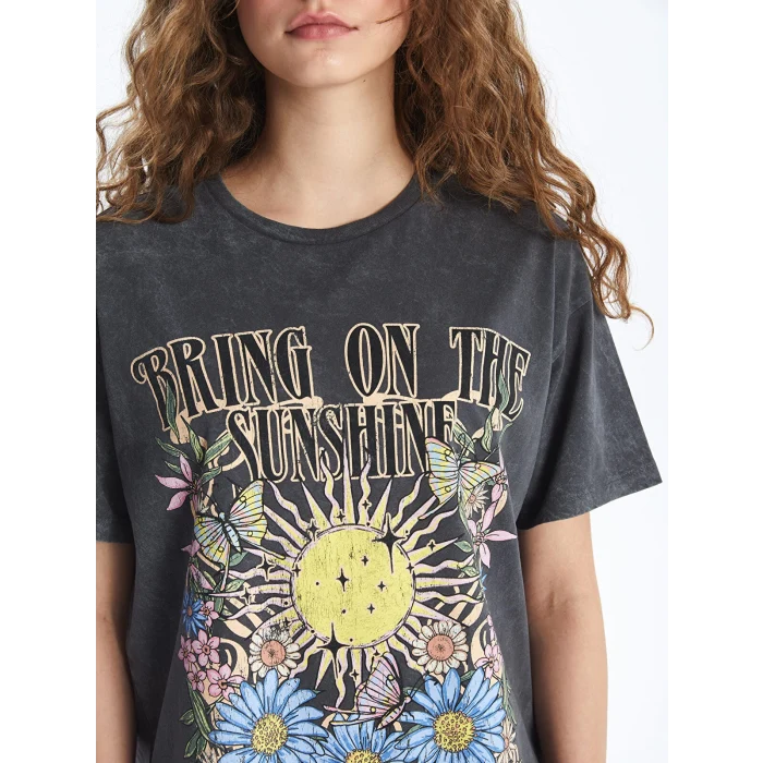 XSIDE Antrasit Bisiklet Yaka Baskılı Kısa Kollu Kadın Tişört