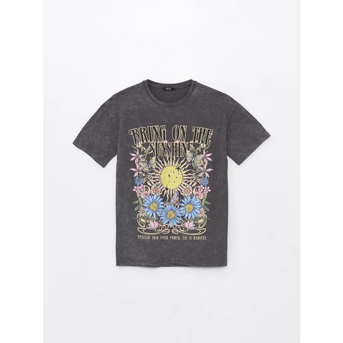 XSIDE Antrasit Bisiklet Yaka Baskılı Kısa Kollu Kadın Tişört