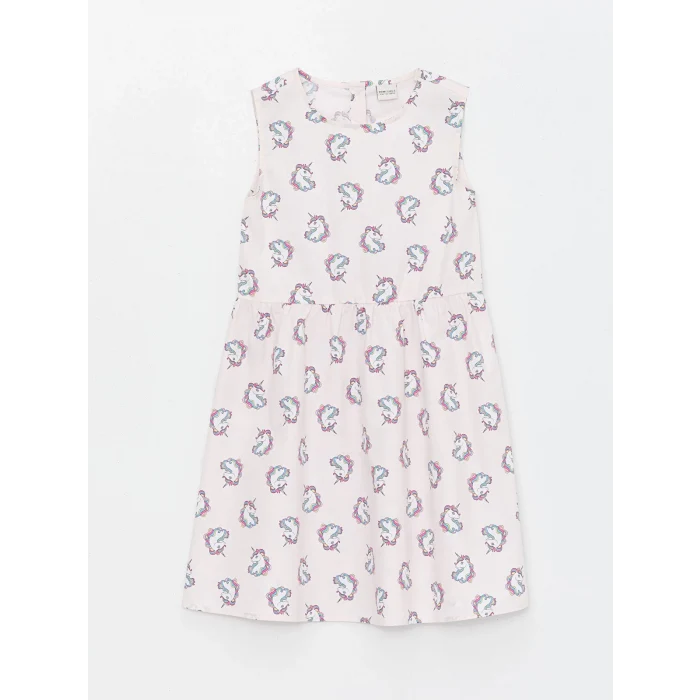 LCW Kids Pembe Bisiklet Yaka Desenli Kız Çocuk Elbise