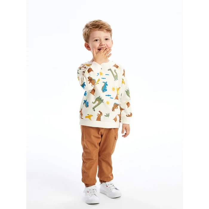 LCW Kids Ekru Bisiklet Yaka Uzun Kollu Baskılı Erkek Bebek Sweatshirt ve Pantolon 2li Takım