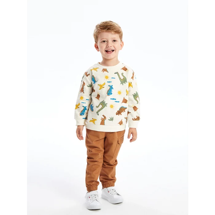 LCW Kids Ekru Bisiklet Yaka Uzun Kollu Baskılı Erkek Bebek Sweatshirt ve Pantolon 2li Takım