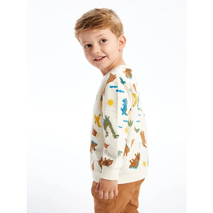 LCW Kids Ekru Bisiklet Yaka Uzun Kollu Baskılı Erkek Bebek Sweatshirt ve Pantolon 2li Takım