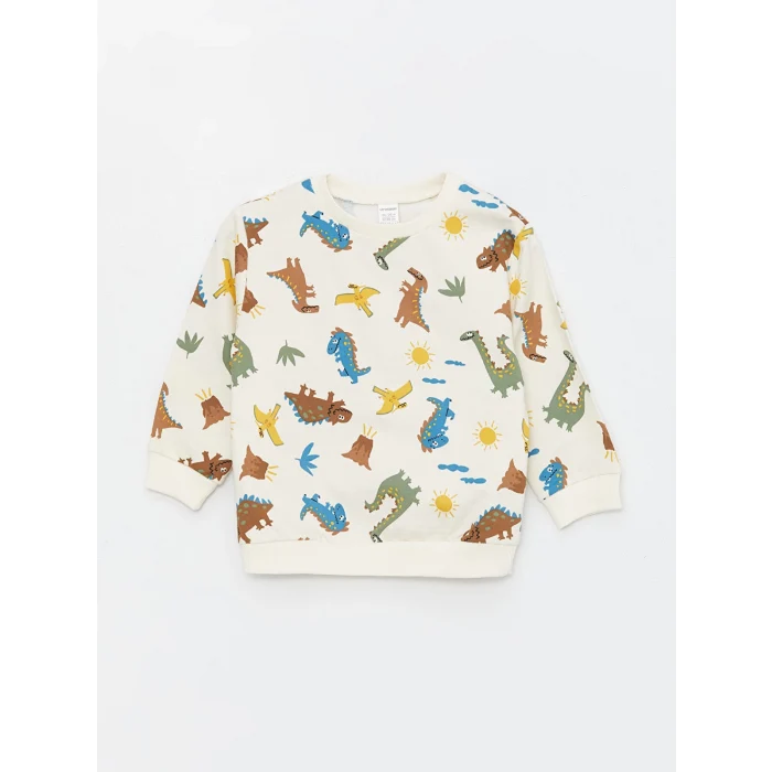 LCW Kids Ekru Bisiklet Yaka Uzun Kollu Baskılı Erkek Bebek Sweatshirt ve Pantolon 2li Takım