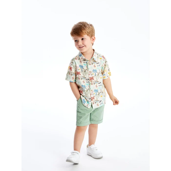 LCW Kids Bej Kısa Kollu Baskılı Erkek Bebek Gömlek ve Şort 2li Takım