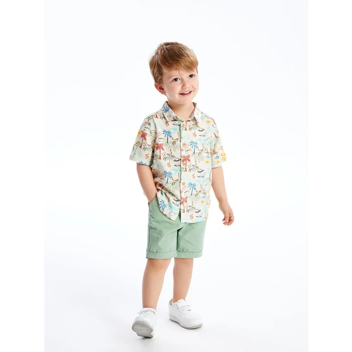 LCW Kids Bej Kısa Kollu Baskılı Erkek Bebek Gömlek ve Şort 2li Takım