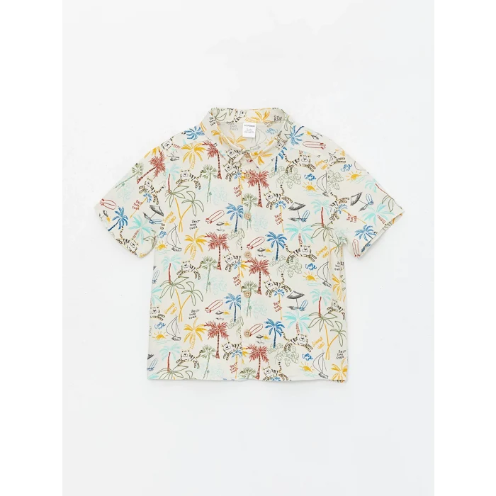 LCW Kids Bej Kısa Kollu Baskılı Erkek Bebek Gömlek ve Şort 2li Takım